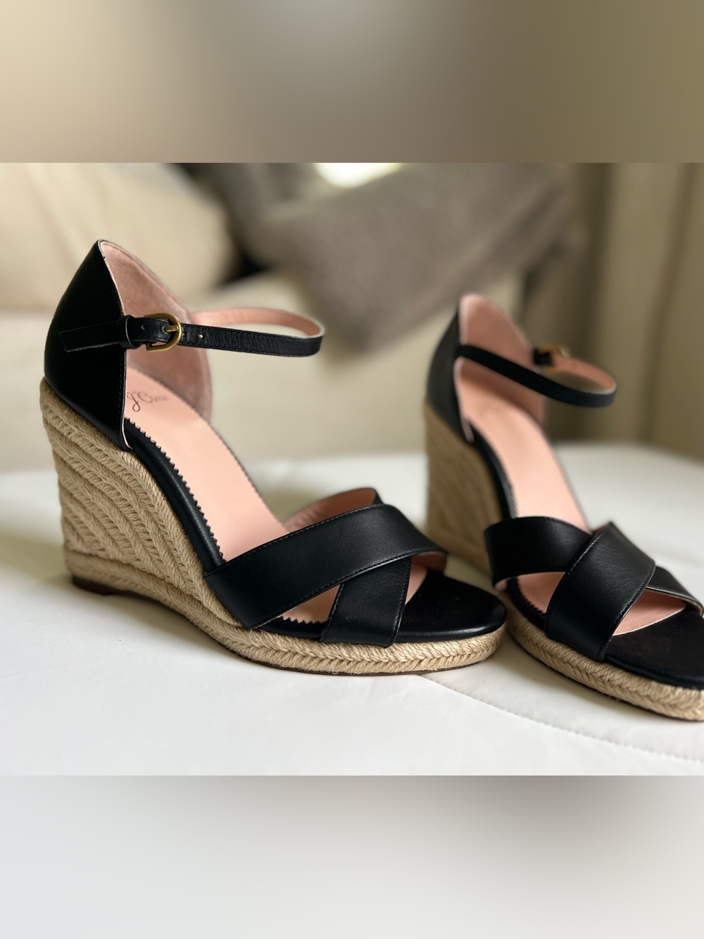 J CREW Womens 8 Leather Sandals Jute Wedge Ankle Strap Espadrilles BLACK